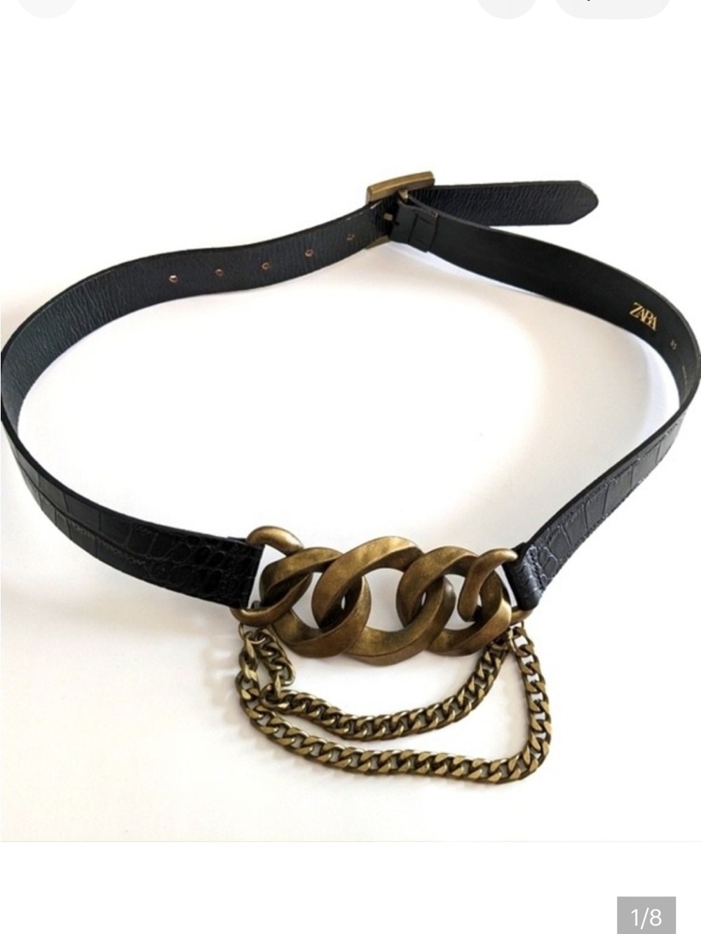 Zara Black Leather Belt with Antique Gold Chain Links